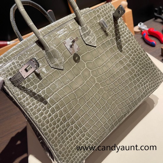 Hermes Birkin25cm porous Crocodile 81/Gris Tourterelle Silver Hardware Full Handmade 002