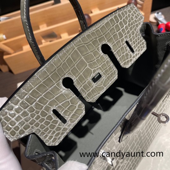 Hermes Birkin25cm porous Crocodile 81/Gris Tourterelle Silver Hardware Full Handmade 002