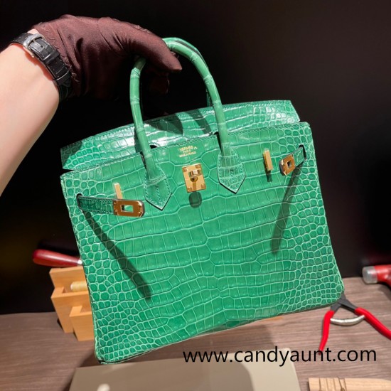 Hermes Birkin25 porous Crocodile 1L/Cactus Gold Hardware Full Handmade 003