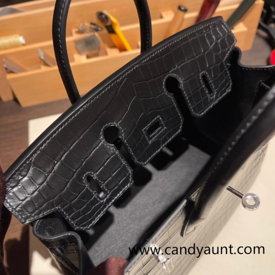 Hermes Birkin25 Crocodile Niloticus 89 /Black (Noir) Silver Hardware Full Handmade 005