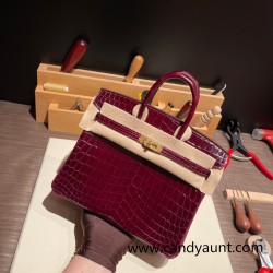 Hermes Birkin25 Crocodile Niloticus Bordeaux Gold Hardware  Full Handmade 006