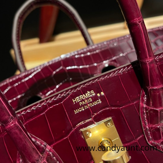 Hermes Birkin25 Crocodile Niloticus Bordeaux Gold Hardware  Full Handmade 006