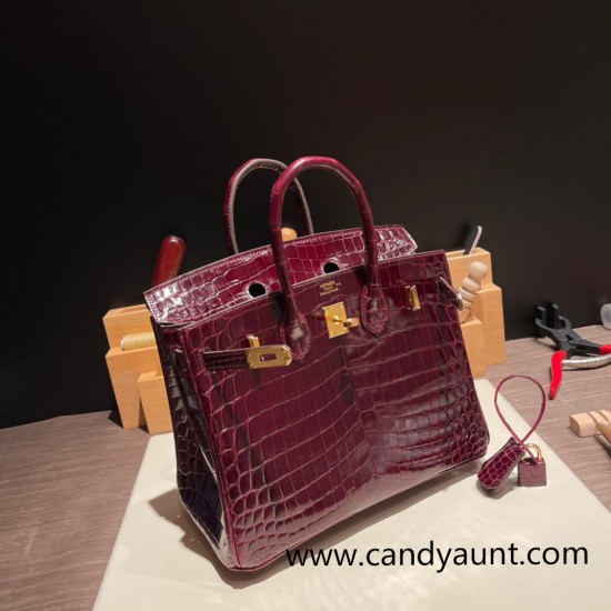 Hermes Birkin25 Crocodile Niloticus Bordeaux Gold Hardware  Full Handmade 006