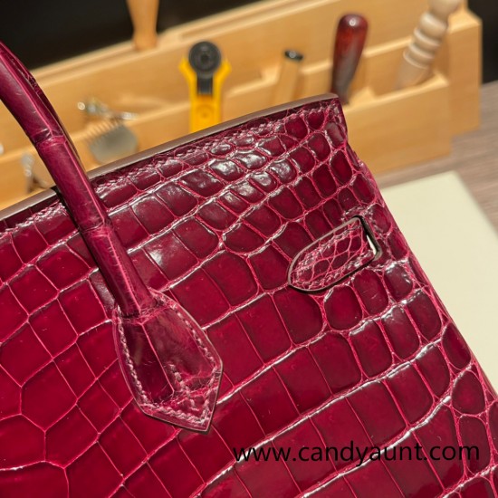 Hermes Birkin25 Crocodile Niloticus Bordeaux Gold Hardware  Full Handmade 006