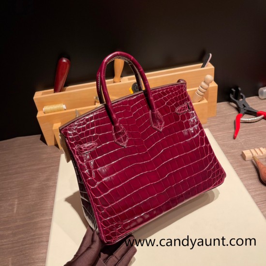 Hermes Birkin25 Crocodile Niloticus Bordeaux Gold Hardware  Full Handmade 006