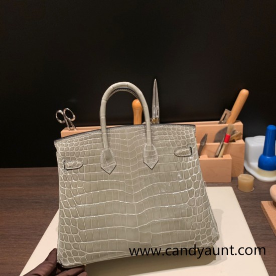 Hermes Birkin25 Crocodile Niloticus 81/Gris Tourterelle  Gold Hardware Full Handmade 009