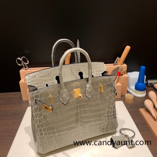 Hermes Birkin25 Crocodile Niloticus 81/Gris Tourterelle  Gold Hardware Full Handmade 009