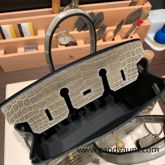 Hermes Birkin25 Crocodile Niloticus 81/Gris Tourterelle  Gold Hardware Full Handmade 009