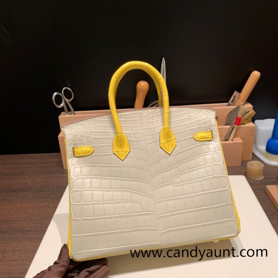 Hermes Birkin25 Crocodile Niloticus 80/Pearl Grey&16 /Taupe Grey Gold Hardware Full Handmade 011