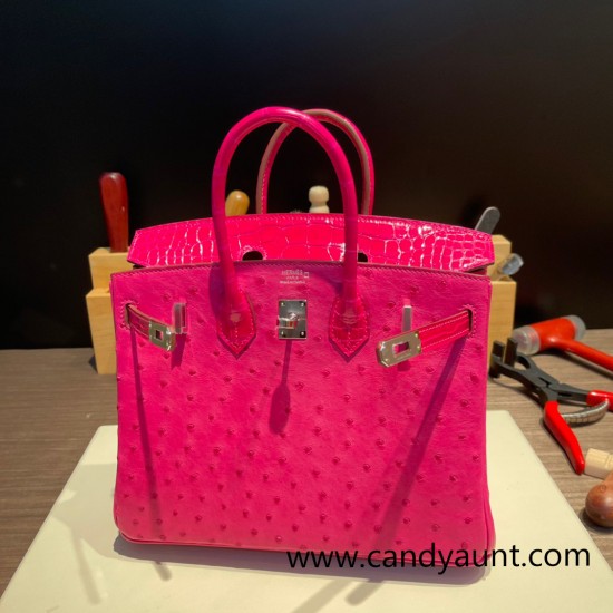 Birkin25 Ostrich& Crocodile 8T Rose Candy& 5J Fuschia Silver Hardware Full Handmade 018