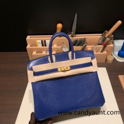 Hermes Birkin 25cm Lizard 73 /Blue Saphir Gold Hardware Full Handmade 030