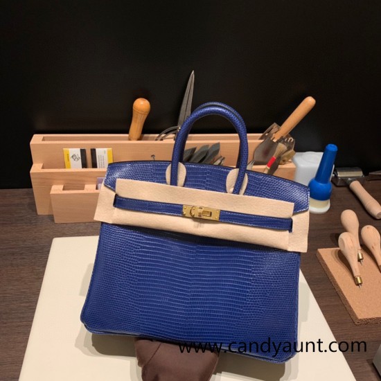 Hermes Birkin 25cm Lizard 73 /Blue Saphir Gold Hardware Full Handmade 030