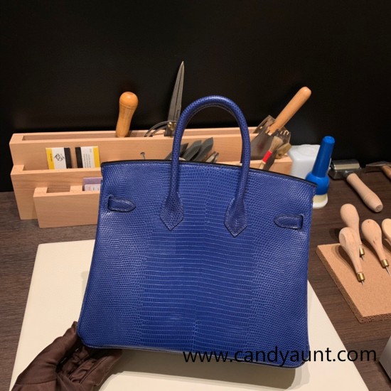 Hermes Birkin 25cm Lizard 73 /Blue Saphir Gold Hardware Full Handmade 030