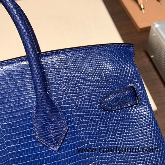 Hermes Birkin 25cm Lizard 73 /Blue Saphir Gold Hardware Full Handmade 030