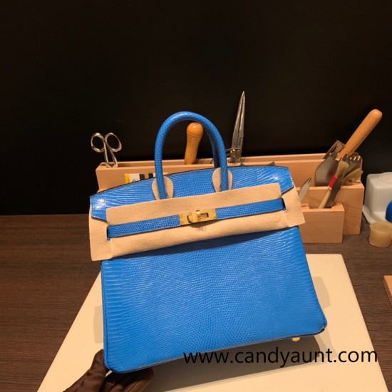 Hermes Birkin 25cm Lizard T7/Blue Hydra Gold Hardware Full Handmade 033