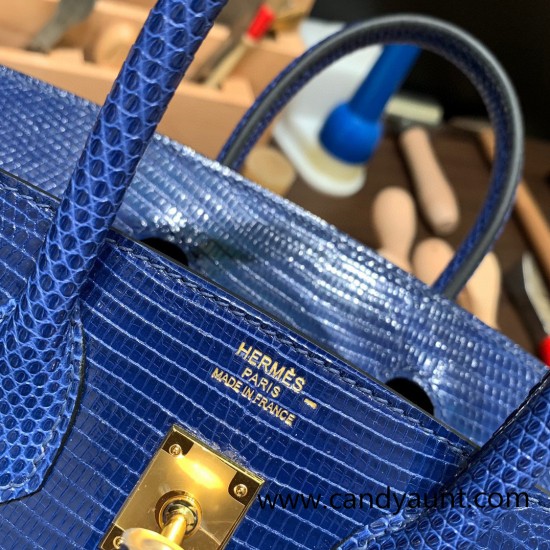 Hermes Birkin 25cm Lizard M3 /Blue Encre Gold Hardware Full Handmade 037