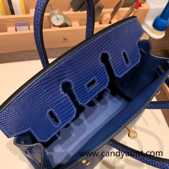 Hermes Birkin 25cm Lizard M3 /Blue Encre Gold Hardware Full Handmade 037