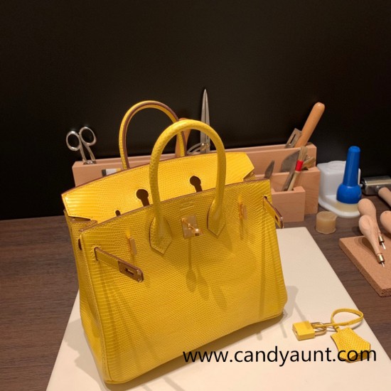 Hermes Birkin 25cm Lizard 9L/CANARI Gold Hardware Full Handmade 039