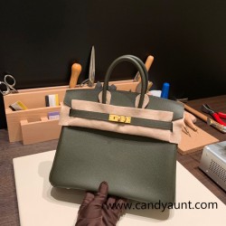 Hermes Birkin 25cm Epsom C6 /Vert Gris Gold Hardware Full Handmade 045