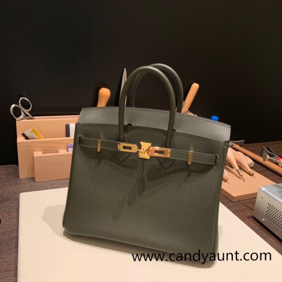 Hermes Birkin 25cm Epsom C6 /Vert Gris Gold Hardware Full Handmade 045