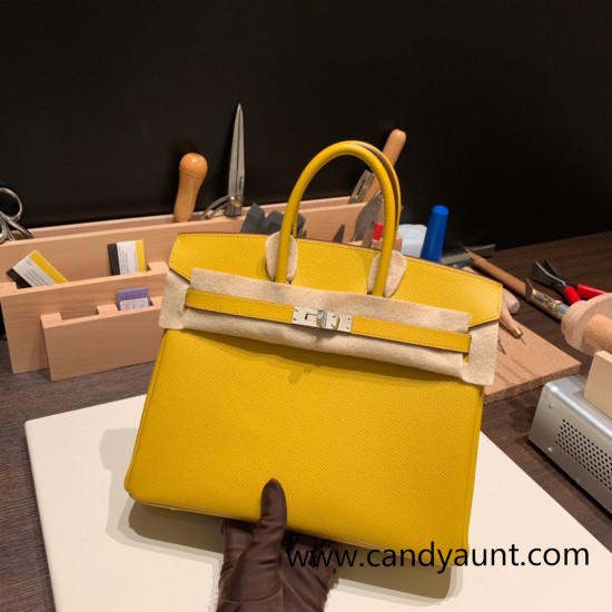 Hermes Birkin 25cm Epsom 9D /Jaune Ambre Silver Hardware Full Handmade 046