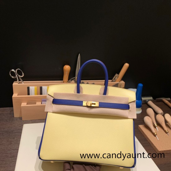 Hermes Birkin 25cm Epsom 1Z/ Jaune Poussin & 7T /Blue Electric Gold Hardware Full Handmade 053