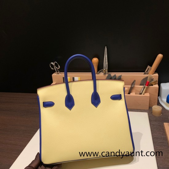 Hermes Birkin 25cm Epsom 1Z/ Jaune Poussin & 7T /Blue Electric Gold Hardware Full Handmade 053