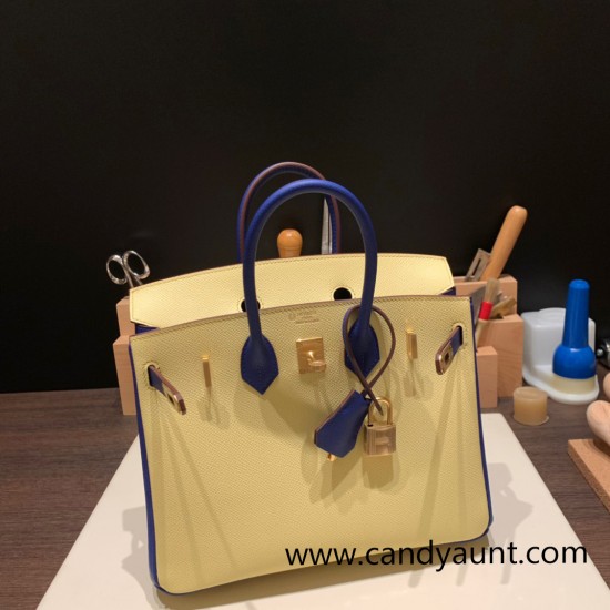 Hermes Birkin 25cm Epsom 1Z/ Jaune Poussin & 7T /Blue Electric Gold Hardware Full Handmade 053