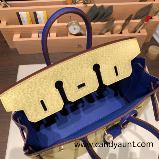 Hermes Birkin 25cm Epsom 1Z/ Jaune Poussin & 7T /Blue Electric Gold Hardware Full Handmade 053