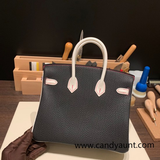 Hermes Birkin 25cm togo 89 /Black (Noir) & 01 /White  Silver Hardware Full Handmade 155