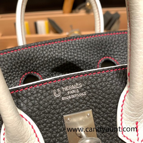 Hermes Birkin 25cm togo 89 /Black (Noir) & 01 /White  Silver Hardware Full Handmade 155