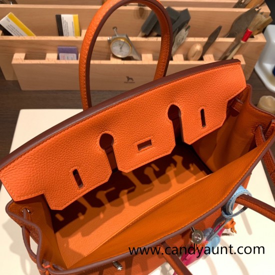 Hermes Birkin 25cm togo 93/Orange Silver Hardware Full Handmade 158