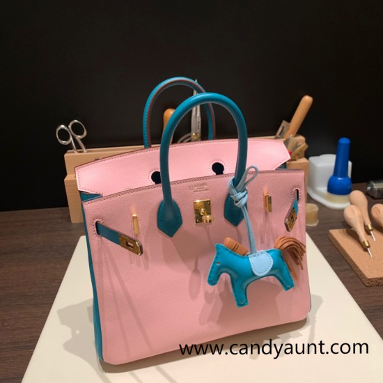 Hermes Birkin 25cm Chevre 3Q/ Rose Sakura & 7F/ Blue Paon Gold Hardware Full Handmade 172