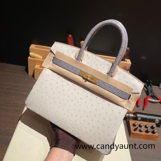 Hermes Birkin 30cm Ostrich 8L/Beton& R2 /Blue AgateGold Hardware  Full Handmade birkin30-014