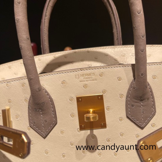 Hermes Birkin 30cm Ostrich M8/Gris Asphalt & 3C /Parchemin Gold Hardware  Full Handmade birkin30-015