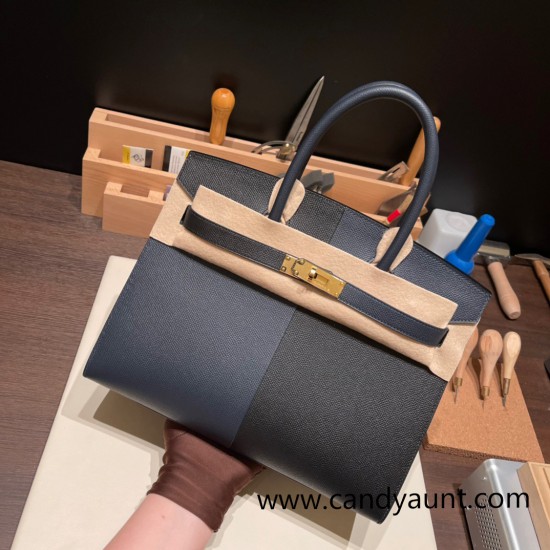 Hermes Birkin 30cm Casaque 89/ Black & 76/Blue Indigo & 0F/Blue Frida Gold Hardware  Full Handmade birkin30-023