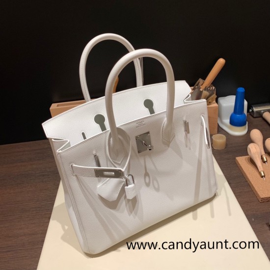 Hermes Birkin 30cm Epsom 01/White (Blanc) Silver Hardware Gold Hardware  Full Handmade birkin30-025