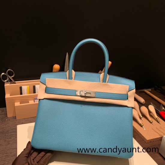 Hermes birkin 30cm togo 7B /Turquoise Blue Silver Hardware  Full Handmade birkin30-054