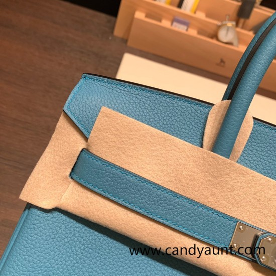 Hermes birkin 30cm togo 7B /Turquoise Blue Silver Hardware  Full Handmade birkin30-054