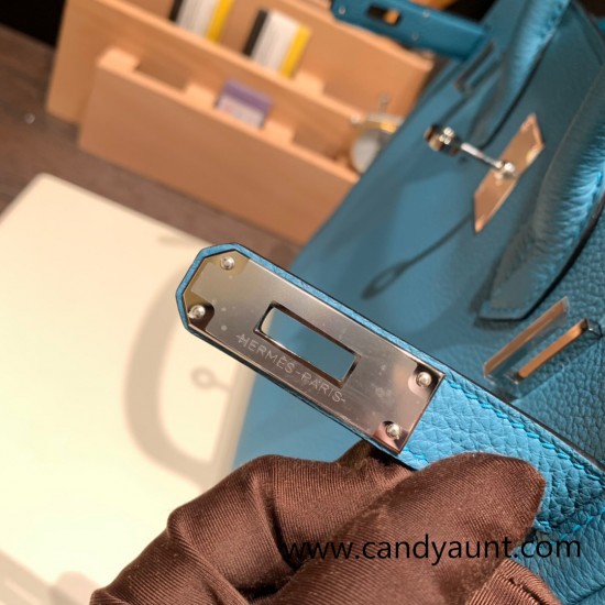 Hermes birkin 30cm togo 7B /Turquoise Blue Silver Hardware  Full Handmade birkin30-054