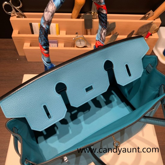 Hermes birkin 30cm togo 7B /Turquoise Blue Silver Hardware  Full Handmade birkin30-054