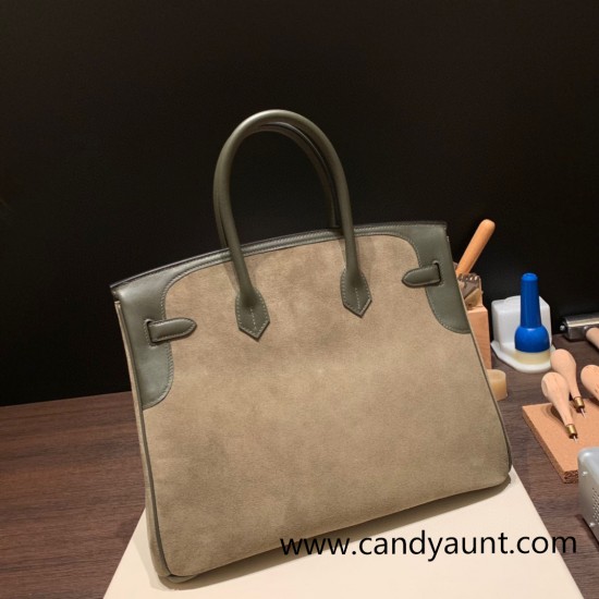 Hermes Birkin 35cm swift & chamois Silver Hardware Full Handmade 006