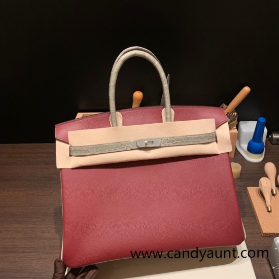 Birkin35cm evercolor& chamois 55/ Rouge H & 81 /Gris Tourterelle Silver Hardware Full Handmade 007