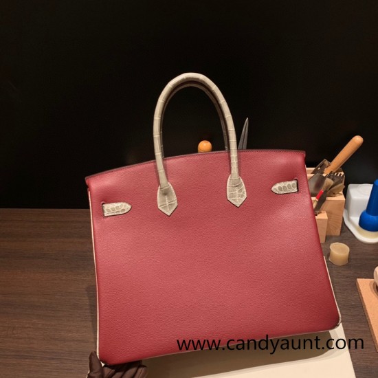 Birkin35cm evercolor& chamois 55/ Rouge H & 81 /Gris Tourterelle Silver Hardware Full Handmade 007