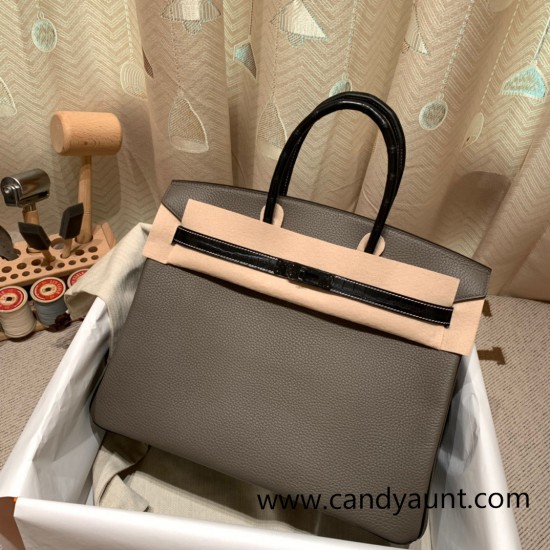 Hermes Birkin 35cm togo & chamois  8F/ Etain& 89 /Black So Black Hardware Full Handmade 009