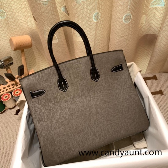 Hermes Birkin 35cm togo & chamois  8F/ Etain& 89 /Black So Black Hardware Full Handmade 009