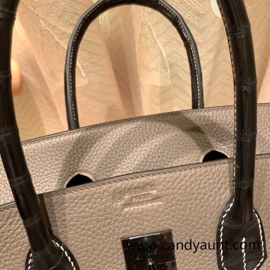 Hermes Birkin 35cm togo & chamois  8F/ Etain& 89 /Black So Black Hardware Full Handmade 009