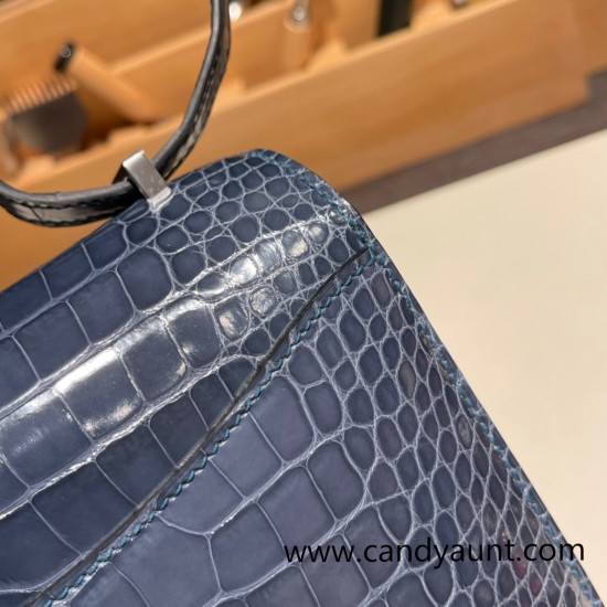 Hermes Constance 19cm Crocodile N7 /Blue Tempete 18cm Full Handmade