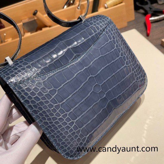 Hermes Constance 19cm Crocodile N7 /Blue Tempete 18cm Full Handmade