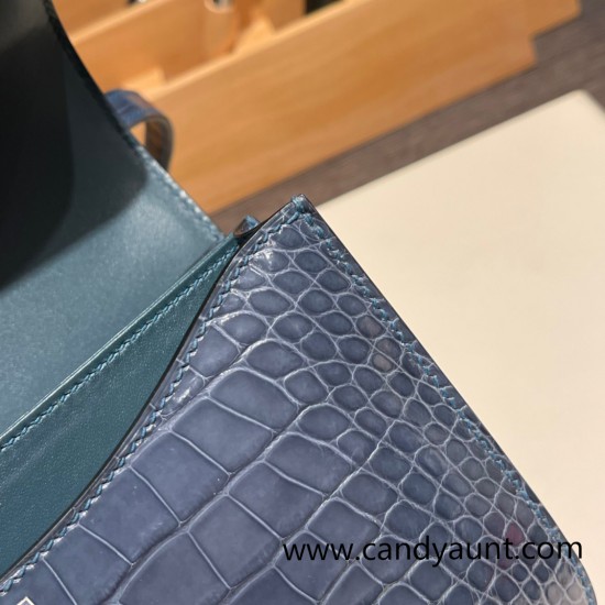 Hermes Constance 19cm Crocodile N7 /Blue Tempete 18cm Full Handmade